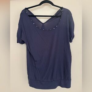 Forever 21 Deep Blue Embellished  Studded Off the Shoulder Short Sleeve Tee